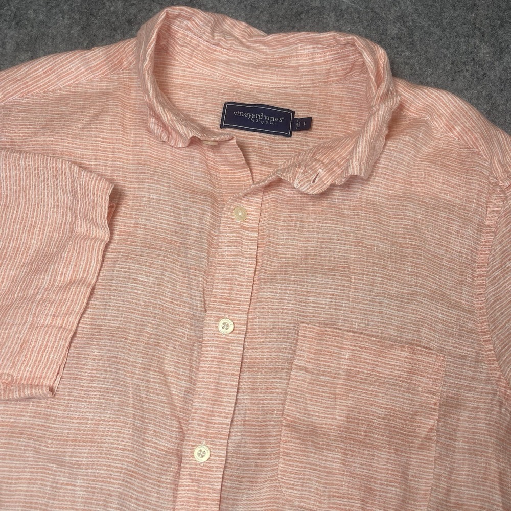 Vineyard Vines‎ Shirt Mens L Orange Striped Linen Casual Button Up Short Sleeve